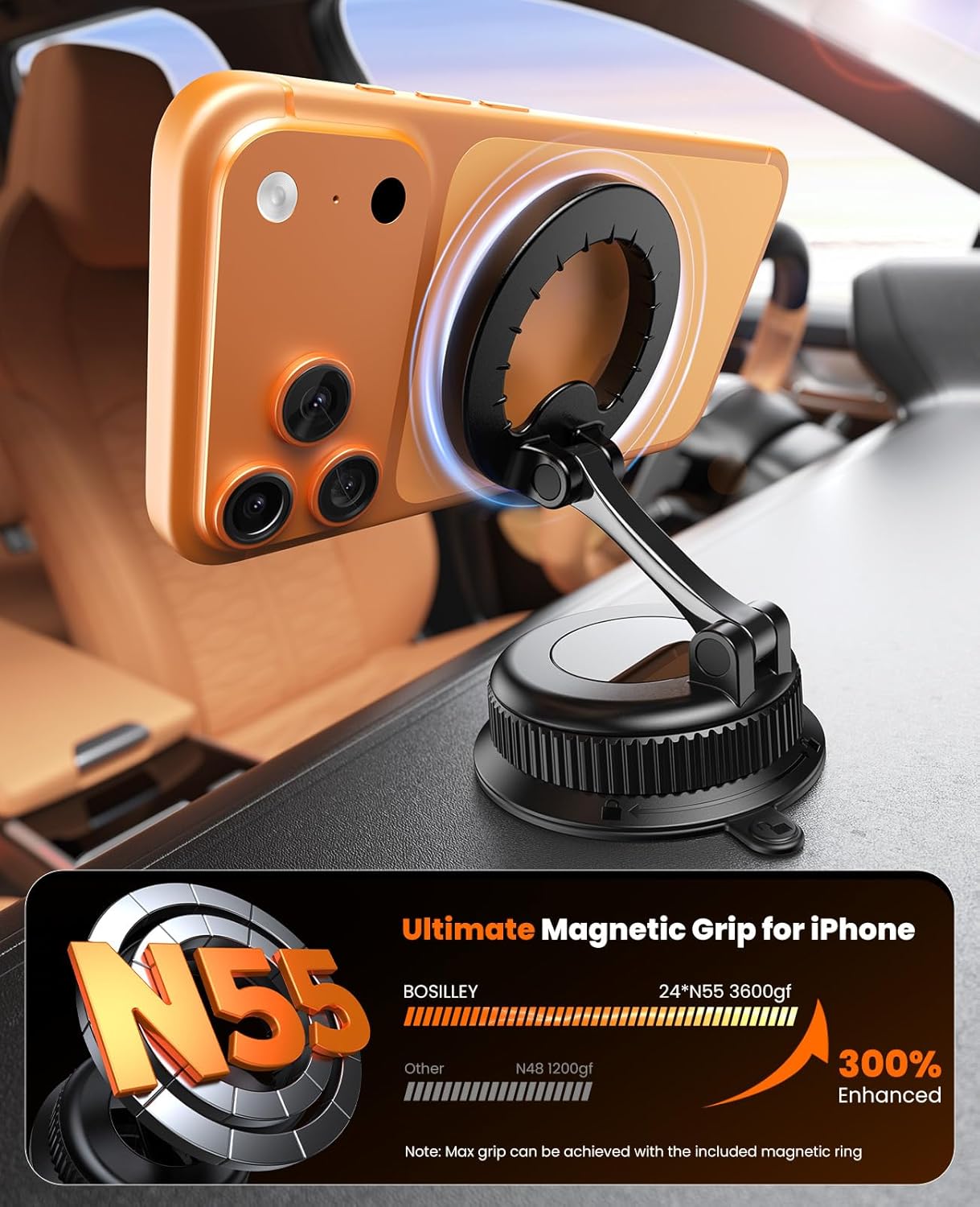 Magnetic Car Phone Holder for Magsafe, Reinforced Zinc Alloy Hinge, Suction Cup Car Phone Mount for Dashboard/Windshield, 360° Rotatable & Foldable Phone Holder for Iphone 17 16 15 14 13 12